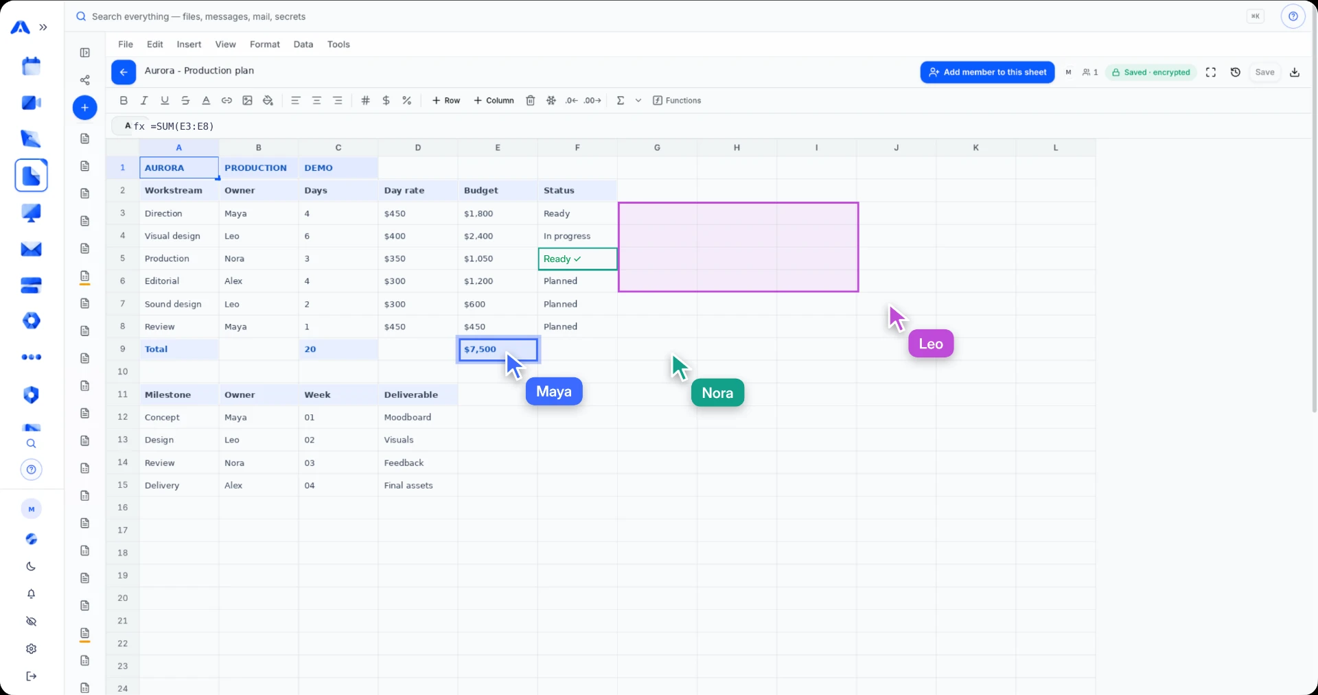 Encrypted spreadsheet with live collaboration across devices