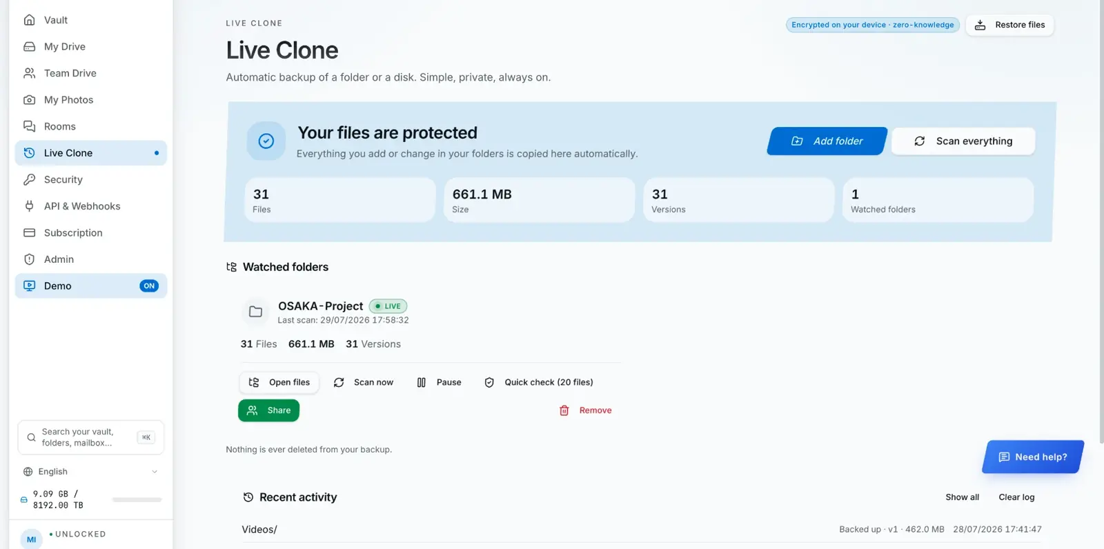 Live Clone continuous encrypted backup