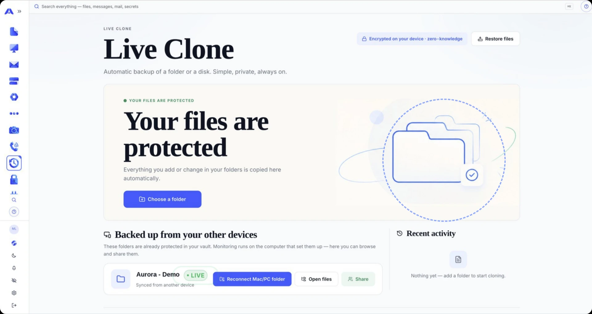 DRIVUNO Live Clone dashboard: watched folders, versions and encrypted backup activity