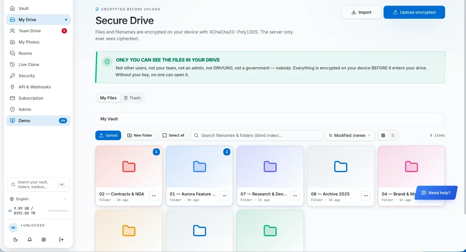 Secure encrypted drive with folders