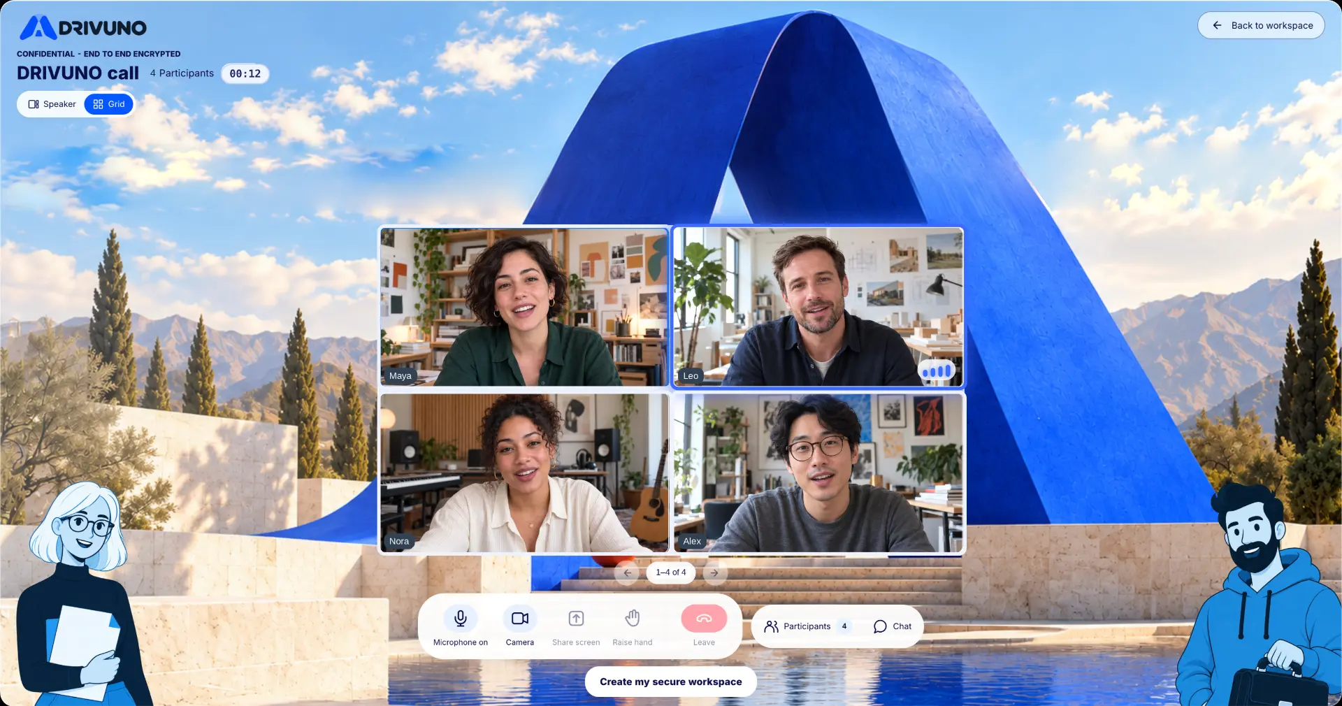 Four people in an end-to-end encrypted DRIVUNO video call