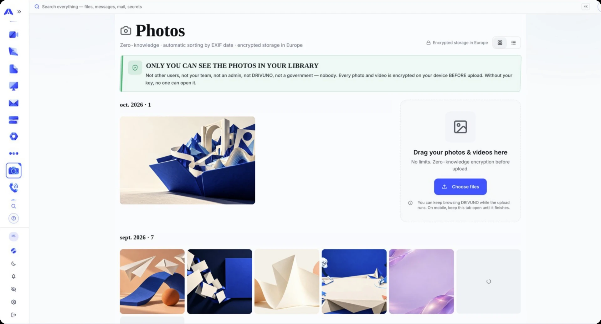 DRIVUNO Photos: encrypted photo library, sorted by date, only visible to the owner
