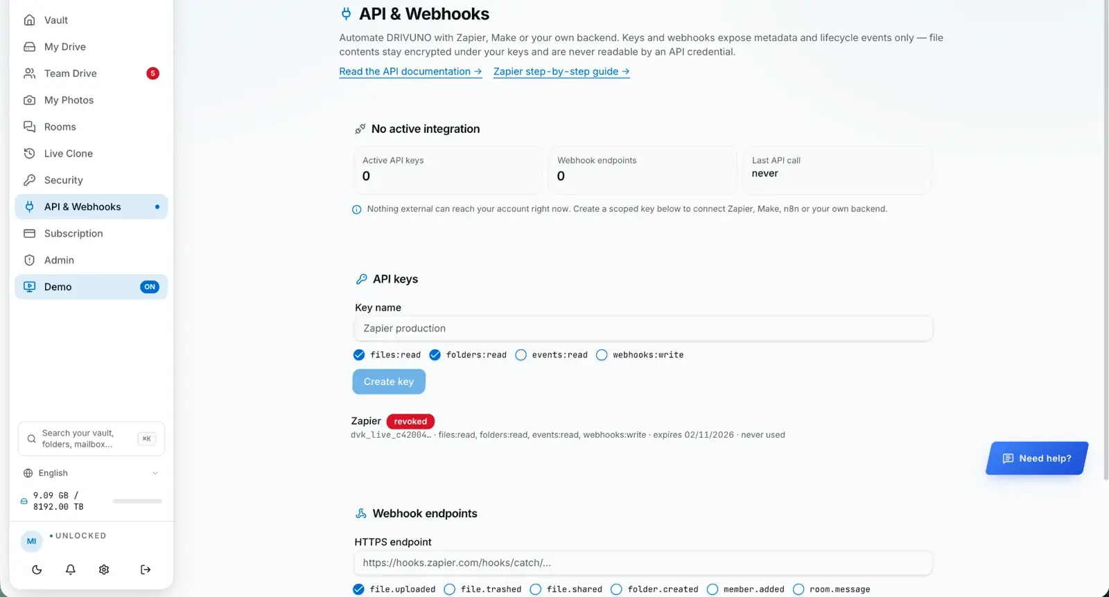 DRIVUNO API keys and webhooks