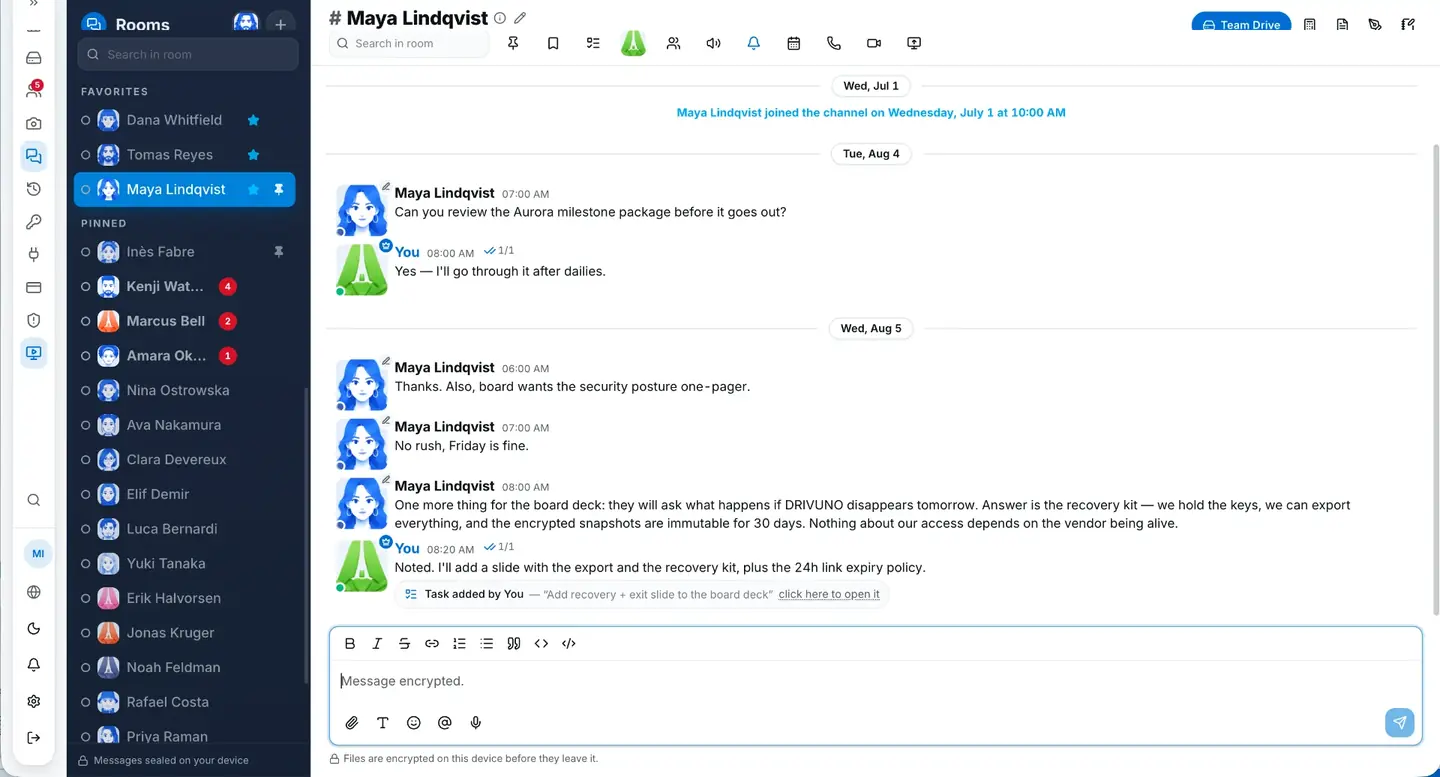Encrypted direct message thread with tasks