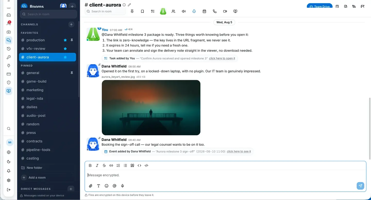 Client channel with a zero-knowledge delivery link and annotations
