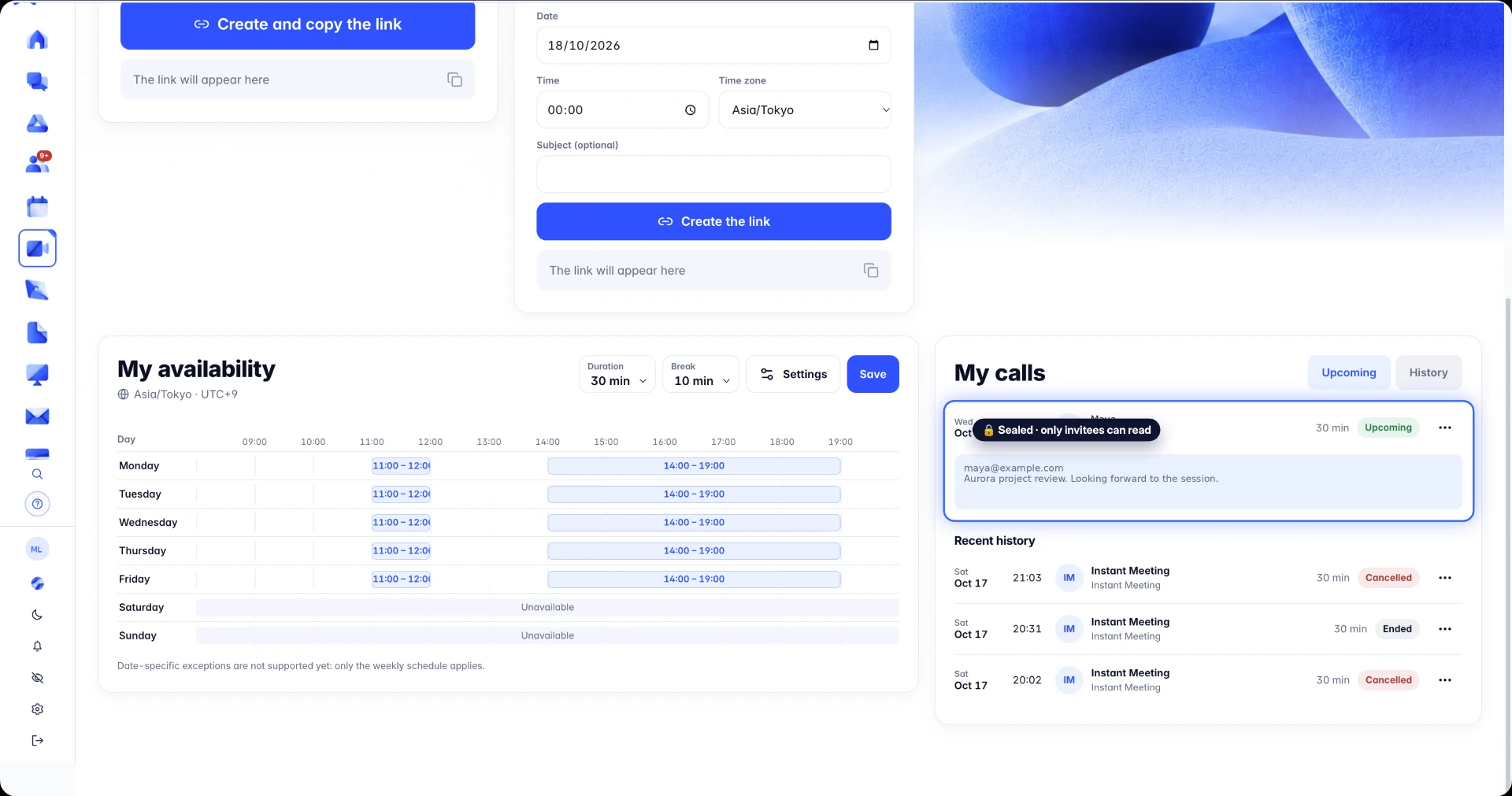 Meeting availability, booking links and sealed calls — readable only by invitees
